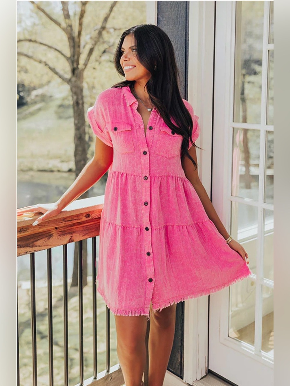 Umgee Hot Pink Tiered Frayed Hem Shirt Summer Shirt Mini Dress Oversized Large - Picture 12 of 12